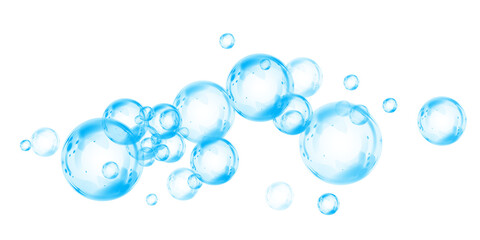 Set of realistic blue soap bubbles in various sizes. Bubbles are located on a transparent background. Water glass bubble realistic
