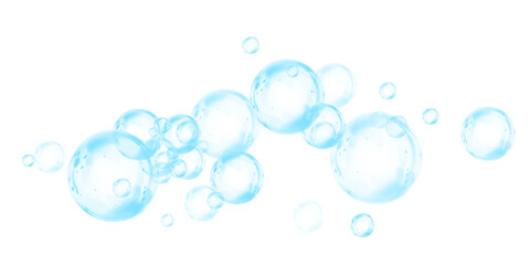 Set of realistic blue soap bubbles in various sizes. Bubbles are located on a transparent background. Water glass bubble realistic