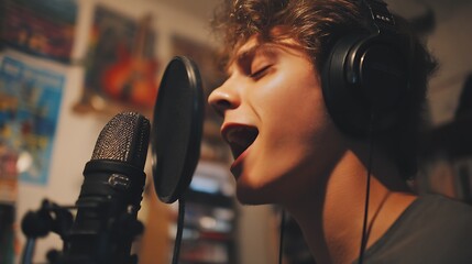 Young man recording vocals alone in makeshift home studio, raw emotion on his face, intimate expression through music 