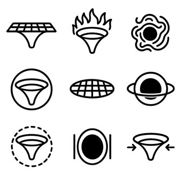 Black Hole Icon Set. Outline icon set of theoretical black hole models: membrane paradigm, firewall hypothesis, fuzzball theory,