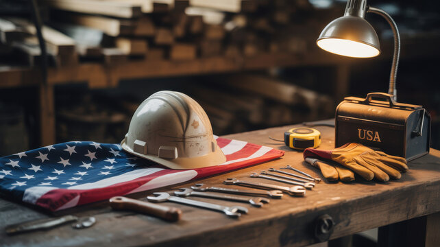 Labor day still life arrangement with tools, helmet, and american flag