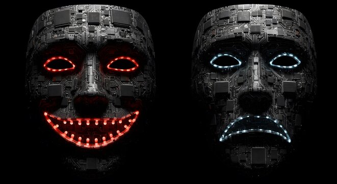 The Duality of AI: Robotic Masks Expressing Digital Emotions of Joy and Sorrow