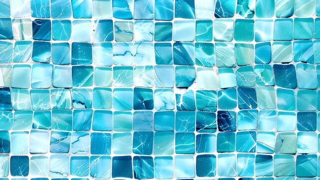 A closeup view of a mosaic tile wall featuring alternating shades of blue and white. The tiles are arranged in a uniform pattern, creating a visually pleasing mosaic effect.