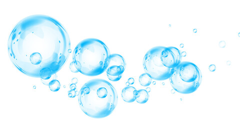 Set of realistic blue soap bubbles in various sizes. Bubbles are located on a transparent background. Water glass bubble realistic