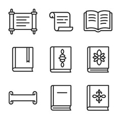 Book and Scroll Icons. Outline icon set of book and scroll decor: ancient scroll, rolled parchment, open manuscript, ribbon