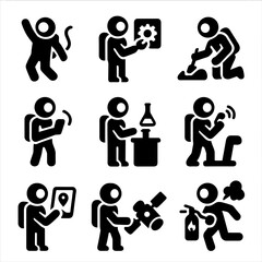 Astronaut Activity Icons. Solid, filled icons set of astronaut activities: spacewalk, equipment repair, sample