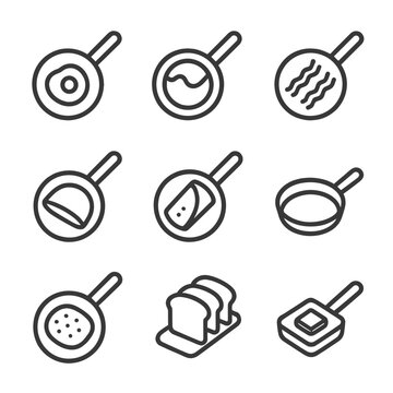 Breakfast Pan Icons. Outline icon set of breakfast pans: egg pan, pancake pan, bacon pan, crepe pan, omelette pan, mini skillet,