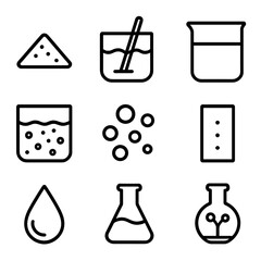 Obraz premium Chemical Icon Grid. Outline icon set of chemical dissolution: solute, solvent, stirring, beaker, solution, particles, salt, water