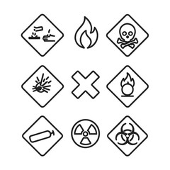 Chemical Hazard Icons. Outline icon set of chemical hazard warnings: corrosive, flammable, toxic, explosive, irritant, oxidizing,