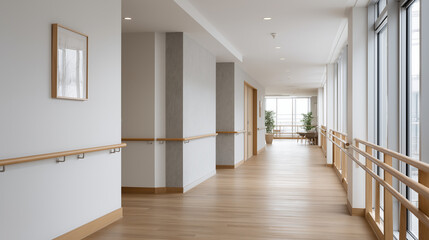 Spacious and bright corridor in a modern care or medical facility with handrails