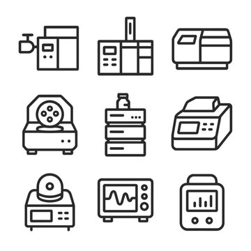 Analytical Instruments Icons. Outline icon set of analytical instrumentation: mass spectrometer, gas chromatograph,