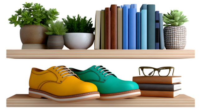 Men? casual shoes placed on floating shelf mockup with books and glasses, lifestyle product setup,
