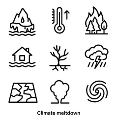 Climate Crisis Icons. Outline icon set of climate meltdown: melting iceberg, rising thermometer, wildfire, flooding, drought,