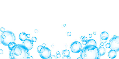 Set of realistic blue soap bubbles in various sizes. Bubbles are located on a transparent background. Water glass bubble realistic