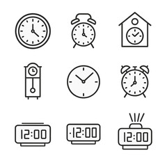 Clock Icon Set. Outline icon set of clocks by style: wall clock, desk clock, cuckoo clock, grandfather clock, minimalist clock,