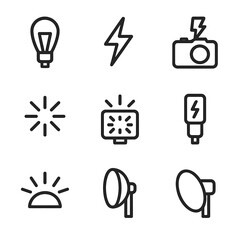 Camera Flash Icons. Outline icon set of camera flash: flash bulb, lightning bolt, camera with flash, flash icon, burst of light,