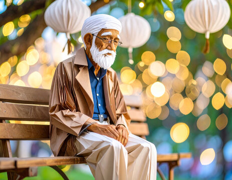 Elderly man in a turban sitting on a bench with festive lights in the background - Powered by Adobe
