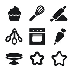 Baking Essentials Icons. Solid, filled icons set of baking essentials: cupcake, whisk, rolling pin, dough,
