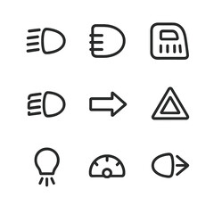 Car Lights Icon Set. Outline icon set of car lights: headlight, taillight, brake light, fog light, turn signal, hazard light,
