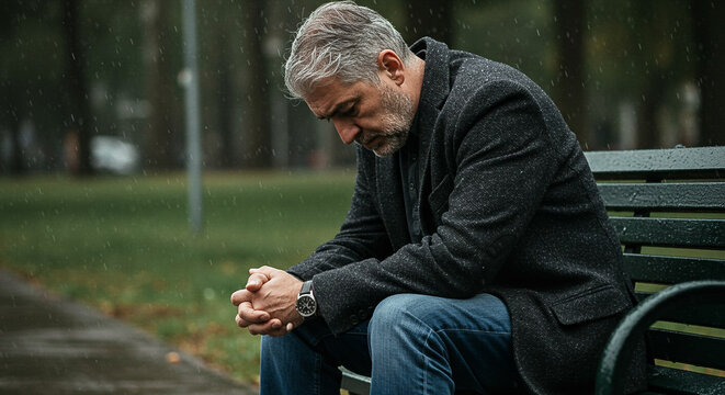 A middle-aged man sitting on a park bench with his head bowed and hands clasped together in contemplation.