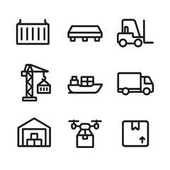 Cargo Transport Icons. Outline icon set of cargo transport: shipping container, pallet, forklift, crane, cargo ship, delivery