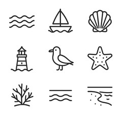 Obraz premium Calm Ocean Icons. Outline icon set of calm ocean: smooth waves, sailing boat, seashell, lighthouse, seagull, starfish, coral, calm
