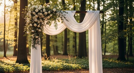 Wedding archway decorated with white flowers and draped fabric, set outdoors in a sunlit forest clearing for a romantic ceremony.
