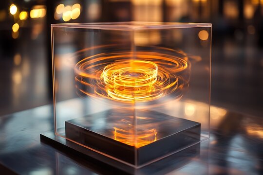 A gyroscope in motion inside a see-through housing.