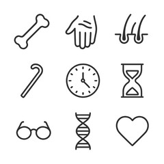 Obraz premium Aging Body Icons. Outline icon set of aging body: bone, wrinkled skin, hair strands, walking cane, clock, hourglass, DNA, eye