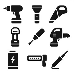 Battery Tool Icons. Solid, filled icons set of battery-powered household tools: cordless drill, portable