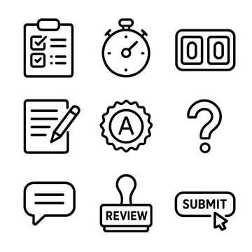 Assessment Icons Set. Outline icon set of assessment and feedback: quiz checklist, timer, scoreboard, pencil and paper, grade
