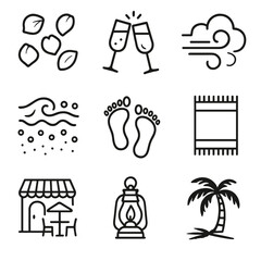 Beach Romance Icons. Outline icon set of romantic beachside moments: rose petals, champagne glasses, soft
