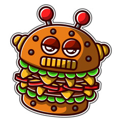 Burger Bot Delight Sticker Illustration. A playful and futuristic burger character fused with robotic elements, perfect for tech inspired sticker collections and digital design projects.
