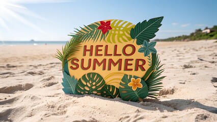 Vibrant hello summer sign with tropical leaves and bright sun sand july