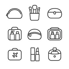 Cosmetic Icon Set. Outline icon set of cosmetic cases: makeup bag, brush holder, toiletry pouch, skincare organizer, zipper