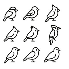 Fototapeta premium Backyard Bird Icons. Outline icon set of common backyard birds: chickadee, sparrow, finch, cardinal, nuthatch, titmouse,