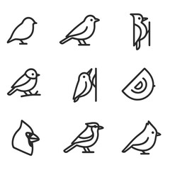Fototapeta premium Backyard Birds Icons. Outline icon set of backyard bird species: sparrow silhouette, robin profile, finch side view, chickadee