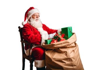 Vintage Style Santa Claus Sitting by Fireplace with Sack of Gifts, Cozy Interior, Transparent Background PNG