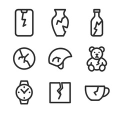 Cracked Object Icons. Outline icon set of crack in objects: cracked phone screen, broken vase, shattered bottle, cracked lens,