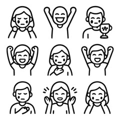 Celebratory Cry Icons. Outline icon set of cry in celebration: tears of happiness, cry in victory, emotional win, triumph cry,