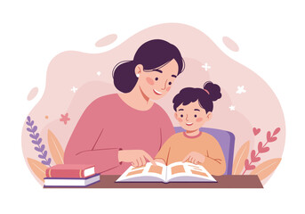 Mother and Daughter Reading Together, Flat Vector Illustration