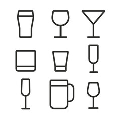 Bar Glassware Icons. Outline icon set of popular bar beverages: pint glass, wine glass, martini glass, whiskey tumbler, shot glass