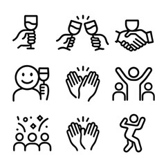 Celebratory Gesture Icons. Outline icon set of toast gestures: raised hand with glass, cheers sign, handshake with glass, smiley