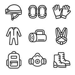 Crawling Gear Icons. Outline icon set of crawling safety and gear: crawling helmet, knee pads, crawling gloves, crawling suit,