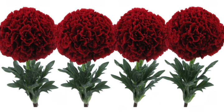 Four red flowers with leaves on transparent png background