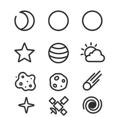Celestial Icon Grid. Outline icon set of celestial bodies: moon phases, stars, planets, sun hidden, nebula, asteroid, comet,