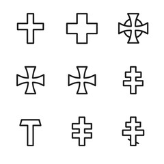 Cross Icon Set. Outline icon set of cross variations: Latin cross, Greek cross, Celtic cross, Orthodox cross, Maltese cross,