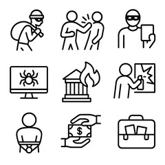 Crime Icon Set. Outline icon set of types of crime: theft, assault, fraud, cybercrime, arson, vandalism, kidnapping, bribery,