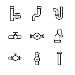 Basement Plumbing Icons. Outline icon set of basement plumbing fixtures: main water line, drain pipe, P-trap, shut-off valve,