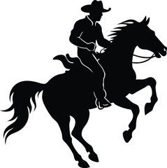Dynamic silhouette of a determined cowboy expertly riding a bucking horse in a rodeo action scene